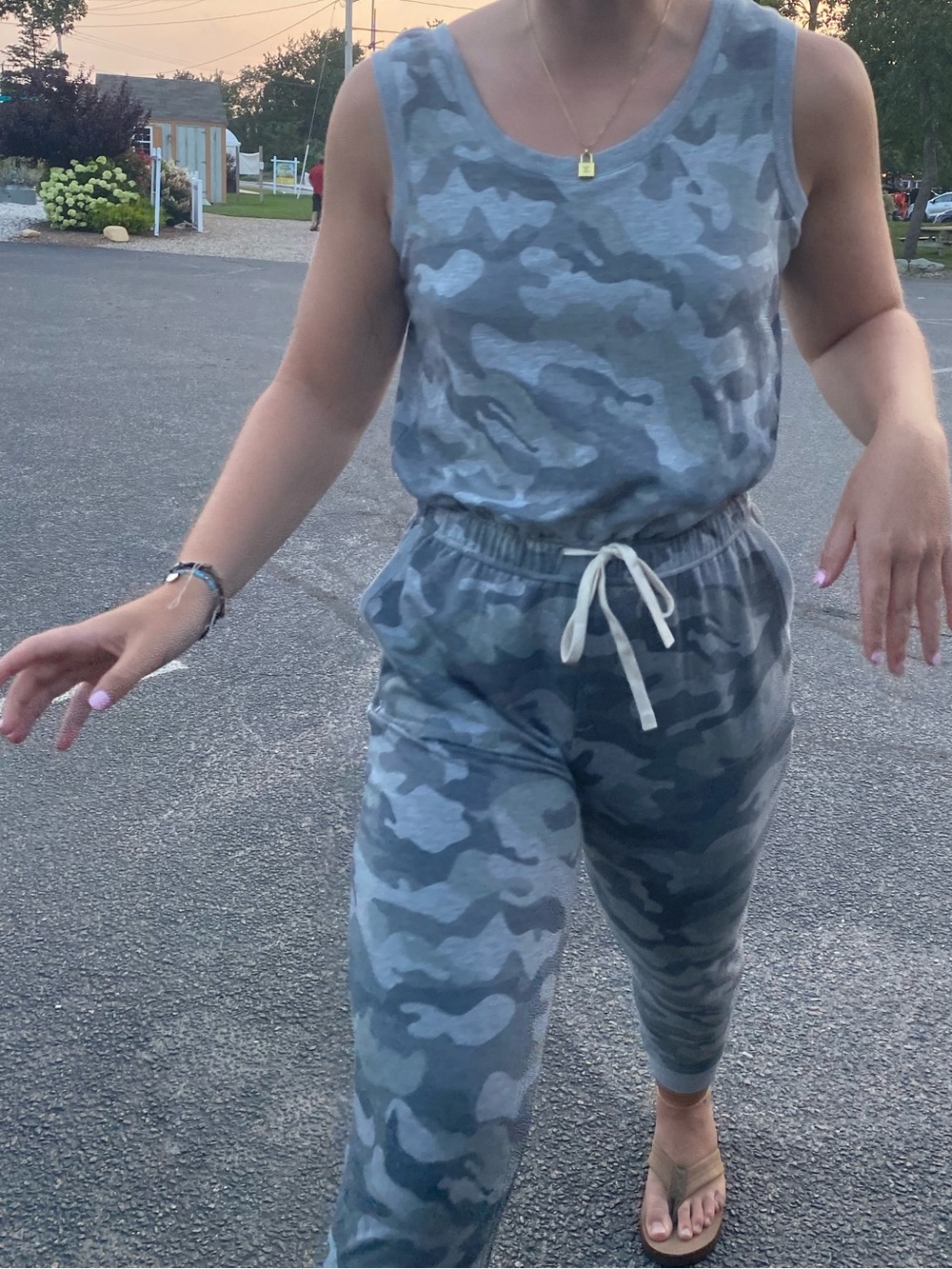 Sleeveless Gray Camo Drawstring Jumpsuit
